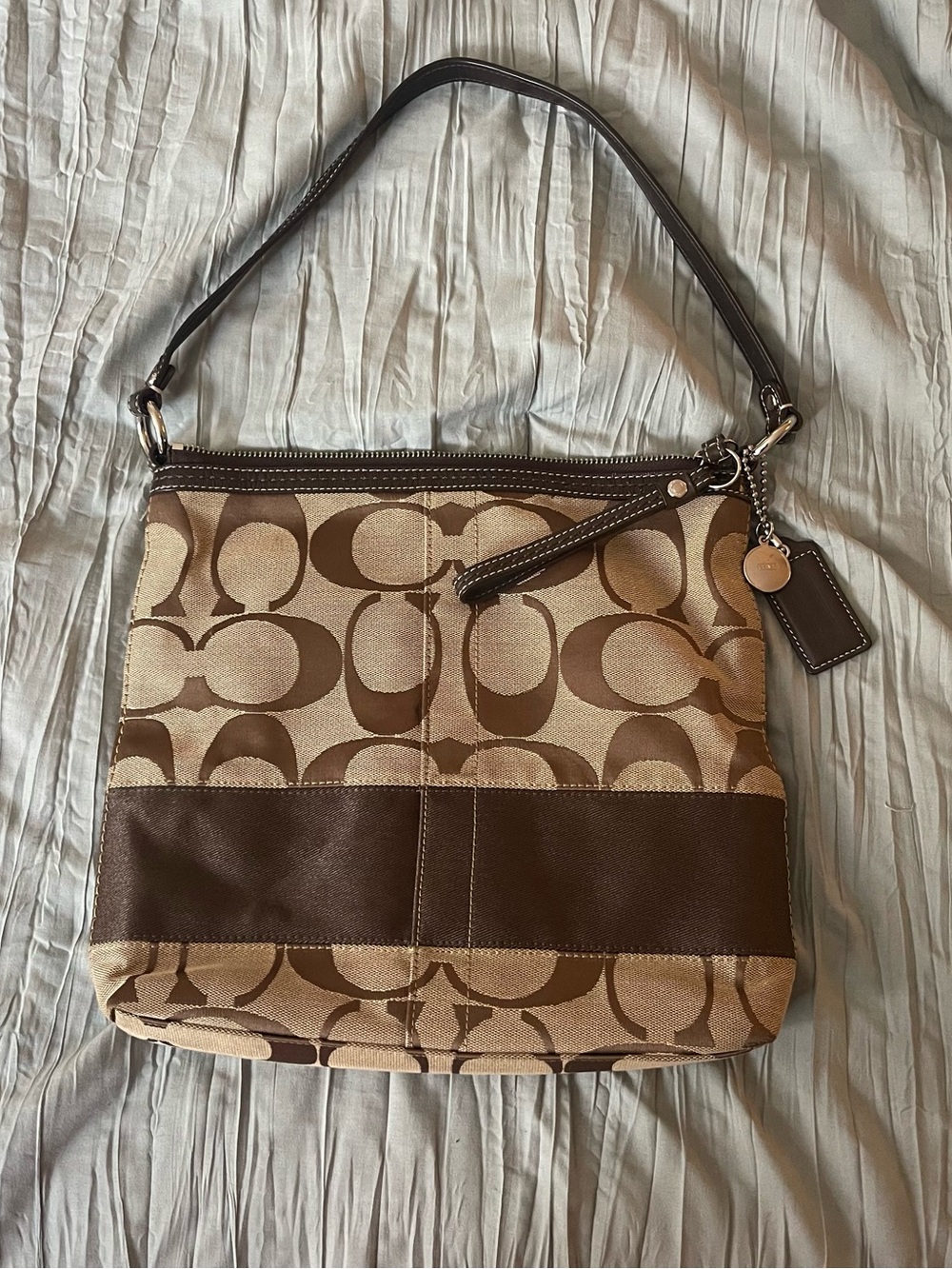 Coach Canvas Signature Shoulder Bag in Brown and Cream